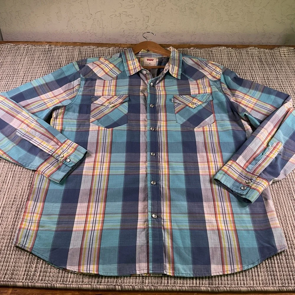 Levis Mens XXL Pearl Snap Western Shirt Turquoise Plaid Long Sleeve 3LYLW3302